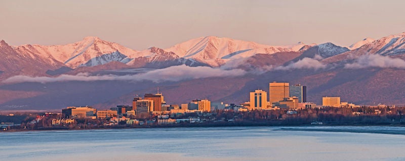 Anchorage, Alaska skyline at sunset